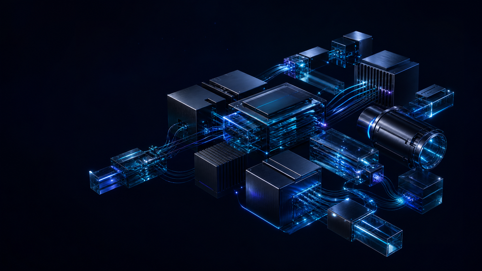 A connected engineered system formed from optical glass, light, and metal